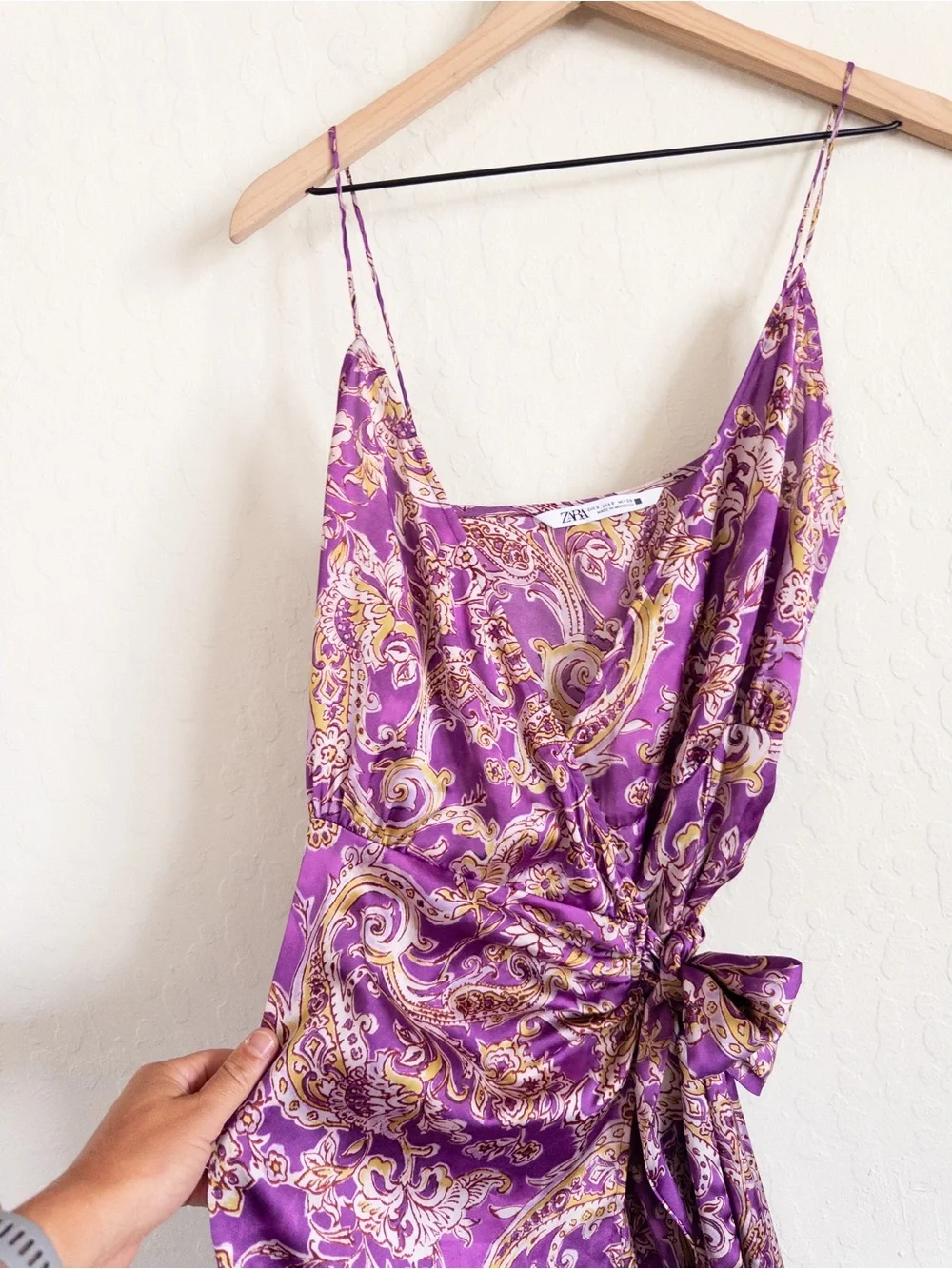 Zara Satin Paisley Sleeveless Spaghetti Strap Wrap Midi Dress Small Purple Party